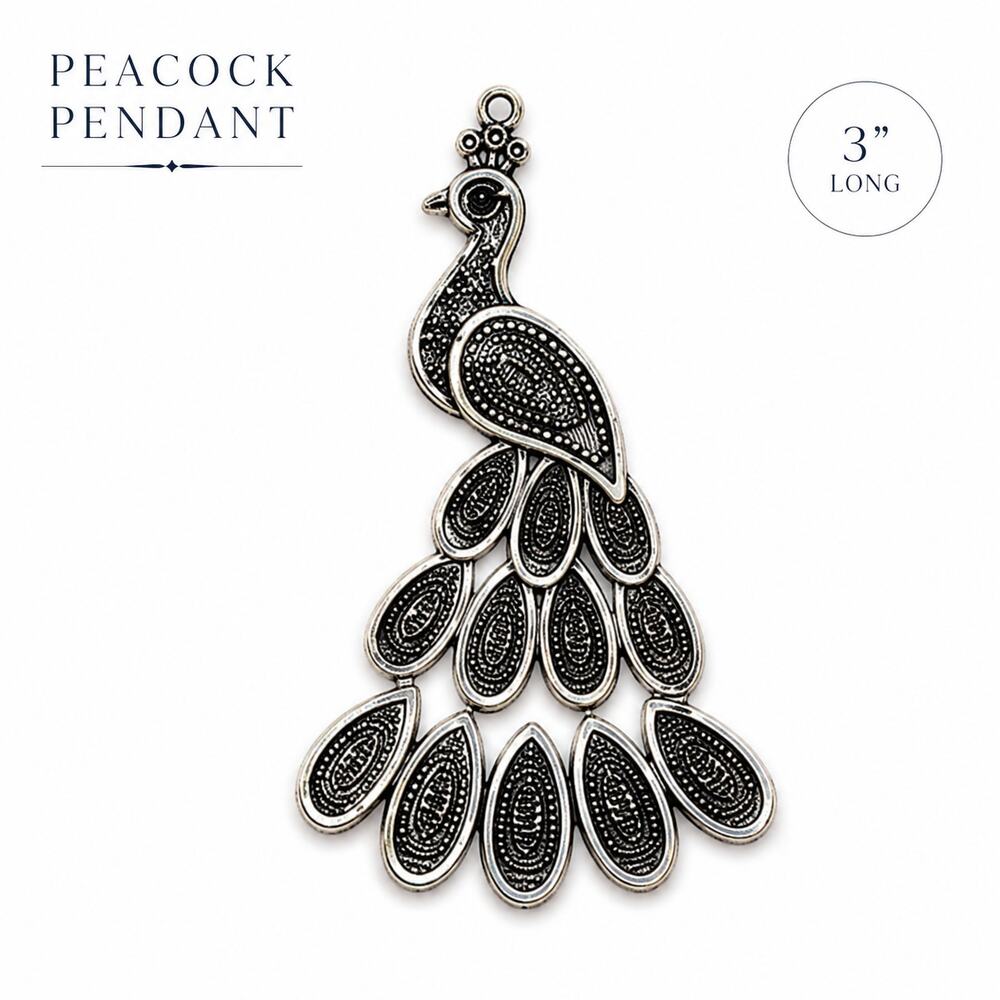 Silver Tone Peacock Pendant Charm Antiqued Boho Statement Bird Jewelry 3"